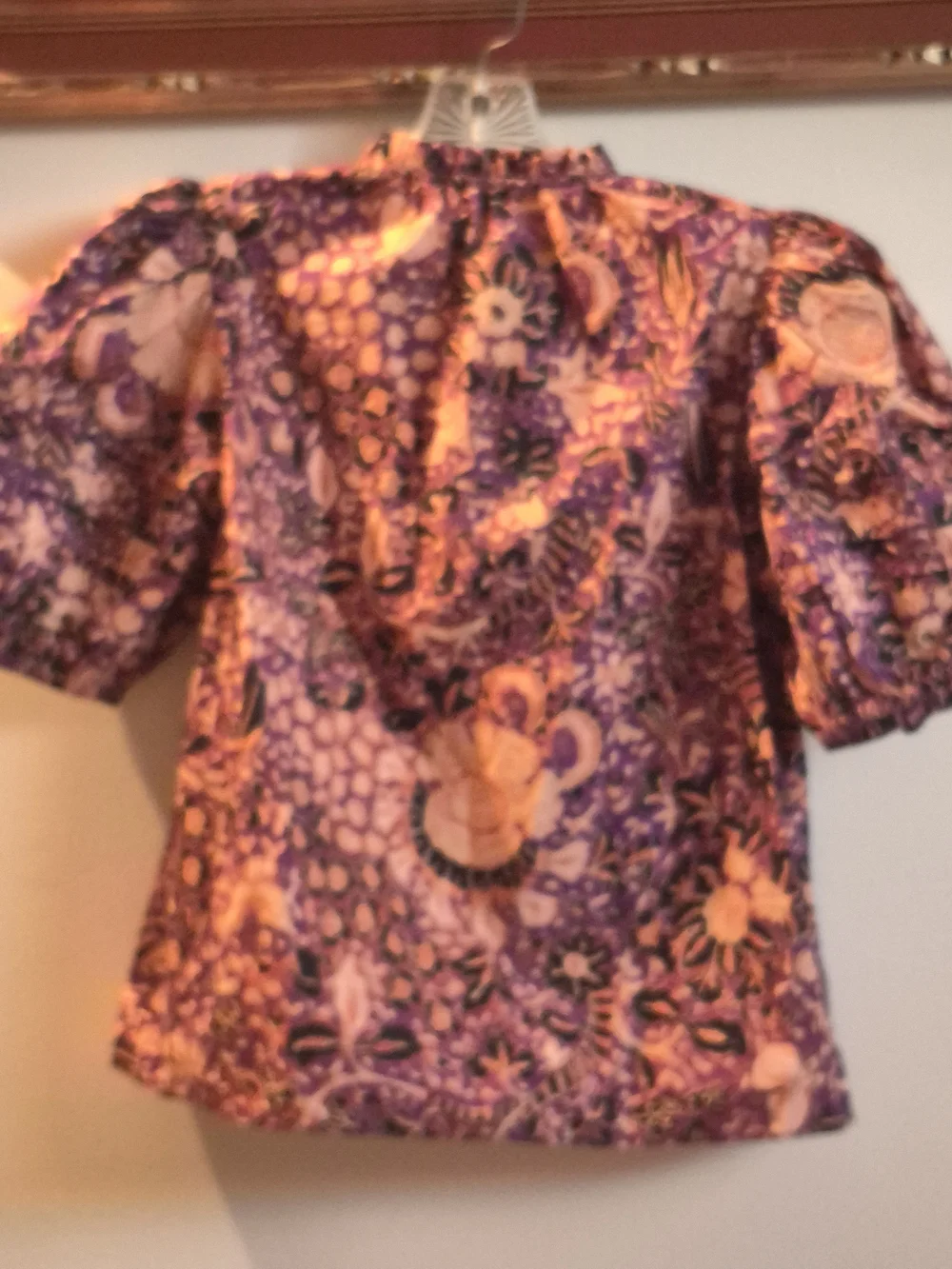Ulla Johnson Purple and Peach Floral Puff-Sleeve Blouse with Ruffled Neck